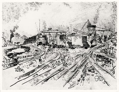 Building Miraflores Lock, plate XXI from The Panama Canal by Joseph Pennell by Joseph Pennell