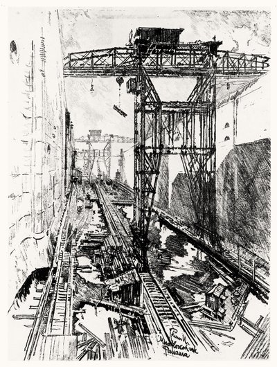 Cranes at the Miraflores Lock, plate XXII from The Panama Canal by Joseph Pennell by Joseph Pennell