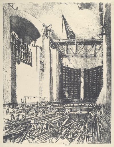 Laying the Floor of Pedro Miguel Lock, 1912 by Joseph Pennell