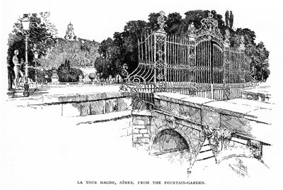 Nimes: the Magne Tower seen from the Fontaine Garden in 1888 by Joseph Pennell