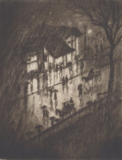 Rainy Night, Charing Cross Shops by Joseph Pennell