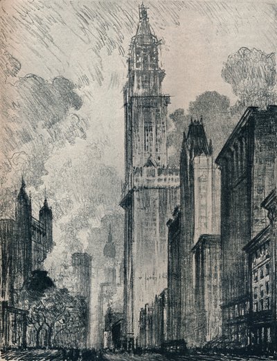 The Broadway and the Woolworth Building, New York by Joseph Pennell
