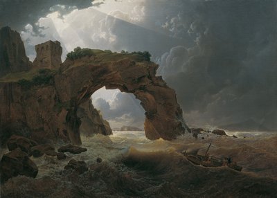 Sea Storm at the Arco di Miseno near Miliscola with a View towards Nisida by Joseph Rebell