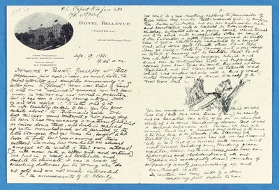 Autograph letter to Col. H. W. Feilden, Hotel Bellvue Cannes, 9th April by Joseph Rudyard Kipling