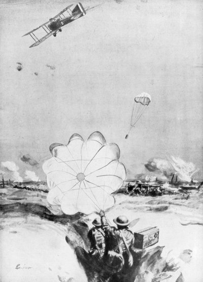 Aeroplane supplying ammunition to the British front line, World War I, 1914-1918 by Joseph Simpson