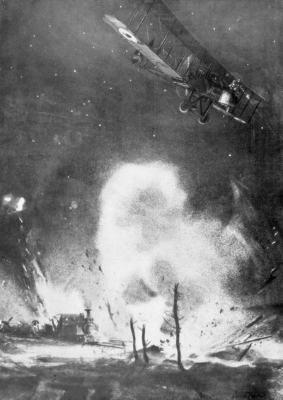 British air bombardment over the German lines, World War I, 1914-1918 by Joseph Simpson