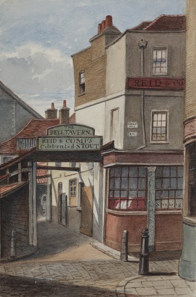 View of Bell Tavern, Addle Hill, showing sign for Reid and Companys celebrated stout, and a kerb post by Joseph Thomas Wilson