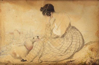 Paperweight with Mourning Woman with Dog and View of Vienna by Joseph Weidner