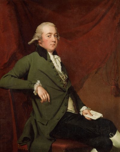Portrait of Edward Abney, seated three-quarter-length, in a Green Coat, Holding a Letter against a Red Curtain by Joseph Wright of Derby
