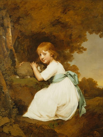 Portrait of Miss Bentley, Seated Full Length, Wearing a White Dress, Holding a Rabbit in a Landscape by Joseph Wright of Derby