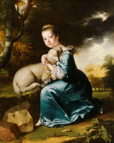Portrait of Miss Frances Warren, kneeling full-length in a wooded park, wearing a blue dress and holding a lamb by Joseph Wright of Derby
