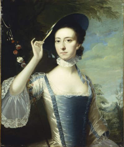 Portrait of a Lady by a Garland of Flowers, in a Landscape by Joseph Wright of Derby