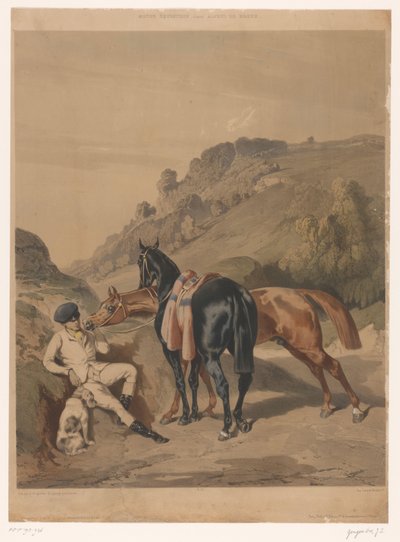 Two Horses with Resting Rider in a Landscape (series title: Horses after Alfred de Dreux) by Joseph Zephyris Gengembre
