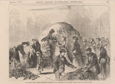 The Chicago Fire: ladies distributing clothing to sufferers of both sexes, illustration from Frank Leslie