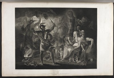 Macbeth. Act IV. Scene I. A dark cave. In the middle a cauldron boiling. Three witches. Macbeth. Hecate. Macbeth faces the witches and the apparitions; by his feet, inside a coiled snake, stand a small bloody child and a child wearing a crown and holding a by Joshua (after) Reynolds