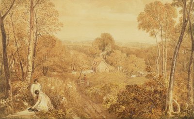 Wooded landscape with cottages and countrywomen, Hurley, Berks, 1818 by Joshua Cristall