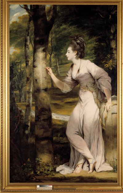Full-length portrait of Mrs Lloyd: An elegant woman carves a name on a tree trunk in a romantic atmosphere by Joshua Reynolds