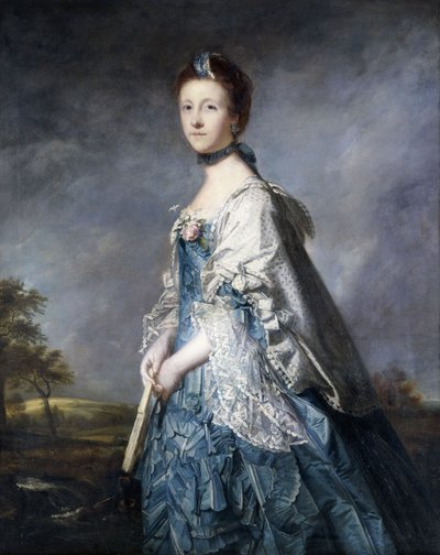 Portrait of Anne, Countess Winterton, Standing three-quarter length, Wearing a Blue Dress, and Lace-Trimmed Shawl, Holding a Fan, in a Landscape by Joshua Reynolds