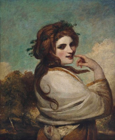 Portrait of Emma, Lady Hamilton, as a Bacchante, half-length, in a yellow dress and white shawl, in a landscape by Joshua Reynolds