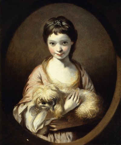 Portrait of Miss Emilia Vansittart, half length, wearing a Pink and White Dress holding a Dog by Joshua Reynolds