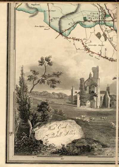 D1, Cleckheaton & Engraving of the West End of Kirkstall Abbey by Joshua Thorp