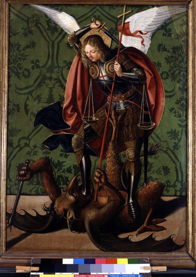 Reverse of an altarpiece: Saint Michel defeating the demon by Josse (fl.1493 1508) Lieferinxe