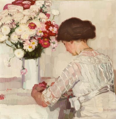 J. Goossens, In Thought (Lady in White with Flowers) by Josse Goossens