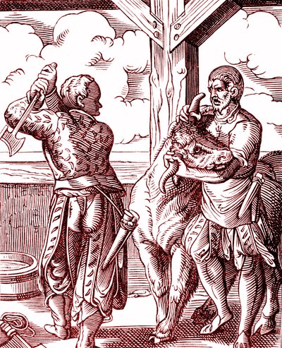 A Butcher - Food and Cooking in the Middle Ages. Engraving by Jost Amman (1539-1591). Engraving 1878 by Jost (after) Amman