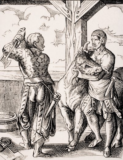 The Butcher and His Assistant, Reproduction of a 16th Century Engraving by Jost Amman from 