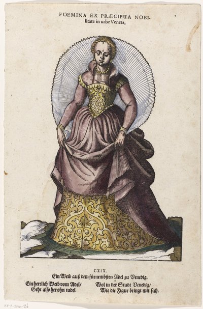 Noblewoman in Venetian Dress (title on object: Foemina ex praecipua nobilitate in urbe Veneta / Ein Weib ausz dem fürnembsten Adel zu Venedig) (series title: Habitus praecipuorum populorum) by Jost Amman