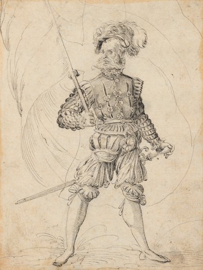 Bearded man with plumed hat, a flag and a sword by Jost Amman