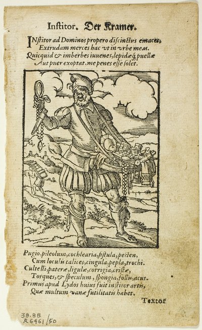 The Peddler from De omnibus illiberalibus sive mechanicis artibus by Hartmann Schopper, plate 50 from Woodcuts from Books of the XVI Century by Jost Amman