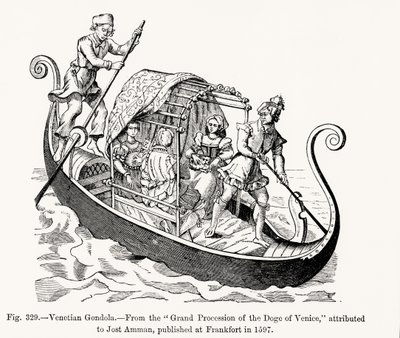 Venetian Gondola, from Grand Procession of the Doge of Venice, illustration from Science and Literature in the Middle Ages and the Renaissance, engraved by Paul Lacroix by Jost (after) Amman