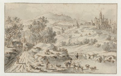 Mountainous Landscape with a Town on a Hill by Josua de Grave