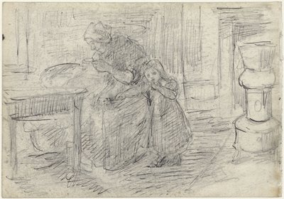 Interior with Woman Doing Needlework with Child by Jozef Israëls