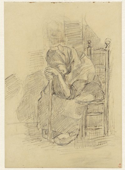 Seated Old Woman Leaning on a Stick by Jozef Israëls
