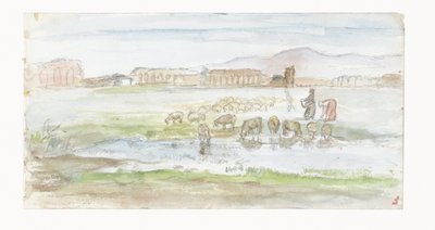 Plain with Sheep, Ruins of an Aqueduct in the Background by Jozef Israëls
