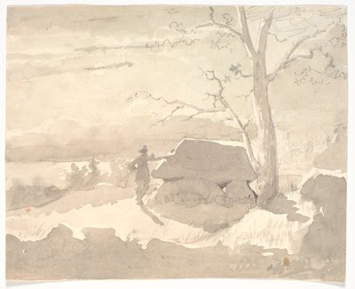 Landscape in Moonlight. A Hunter next to a Dolmen by Jørgen Roed