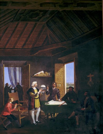 The Garcia Fernandez physicist Pera Juan Perez and Martin Alonso Pinzon conversing in the chapter house of the era monastery of La Rabida by Juan Cabral Bejarano