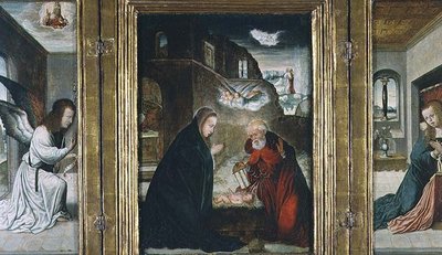 The Birth of Christ Triptych with the Nativity flanked by the Annunciation by Juan de (school of) Flandes