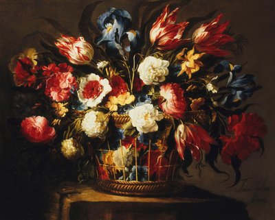 Flowers in a Basket on a Stone Ledge by Juan de Arellano