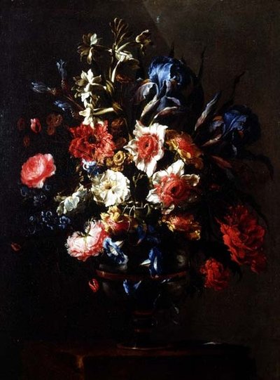 Irises, peonies, convolvuli and other flowers in an urn on a pedestal by Juan de Arellano