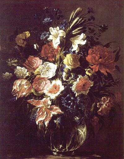 Lilies, Peonies, Tulips, Cornflowers and Other Flowers in a Glass Vase on a Pedestal by Juan de Arellano