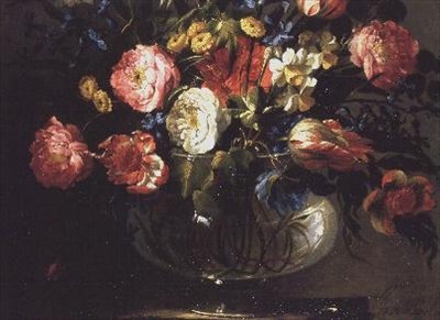 Roses, Tulips, Hyacinths and Jasmine in a Glass Vase by Juan de Arellano