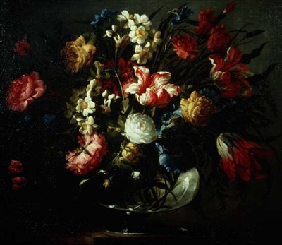 Tulips, Carnations and Narcissi in a Glass Vase by Juan de Arellano