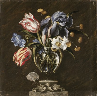 Tulips, Daffodils, Irises and Other Flowers in a Glass Vase on a Sculpted Stand, with a Butterfly by Juan de Arellano