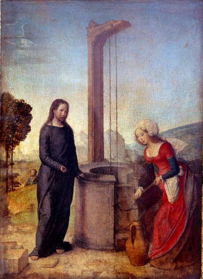 Christ and the Samaritan. Painting by Juan de Flandes by Juan de Flandes