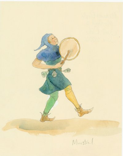 A Medieval Minstrel Playing a Percussion Instrument, Possibly a Tabor by Judith Dobie