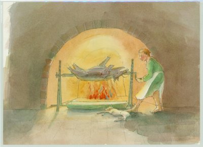 A medieval spit boy, who turns a spit in the kitchen, 2004 by Judith Dobie