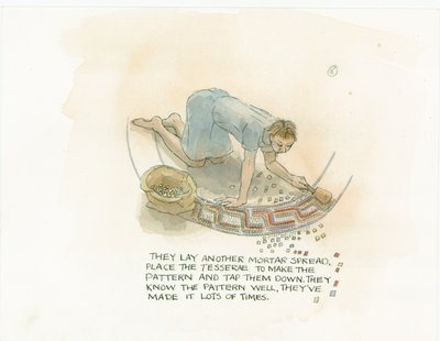A worker laying mosaic tiles on a mortar spread by Judith Dobie